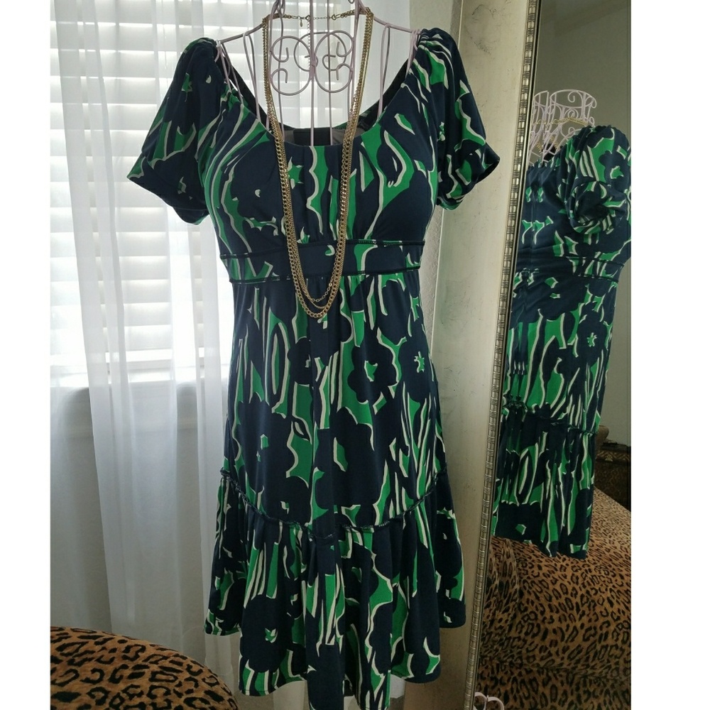 BCBG Navy and Green  Strech Boat Neck Dress S